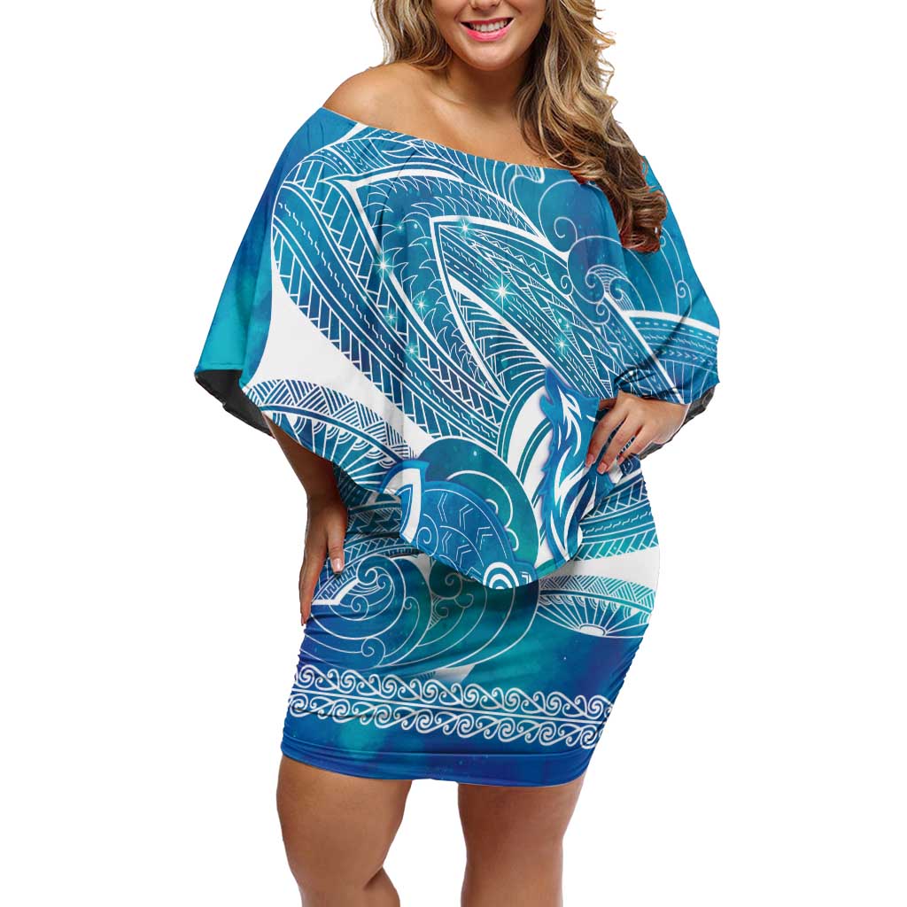Kuri Dog Waka New Zealand Matariki Off Shoulder Short Dress Ocean Sharks Maori Tattoo LT14 Women Blue - Polynesian Pride
