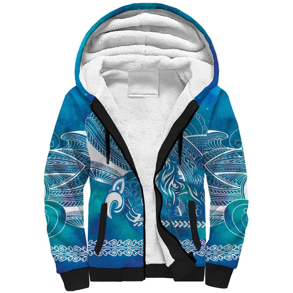 Kuri Dog Waka New Zealand Matariki Sherpa Hoodie Ocean Sharks Maori Tattoo LT14 Unisex Blue - Polynesian Pride