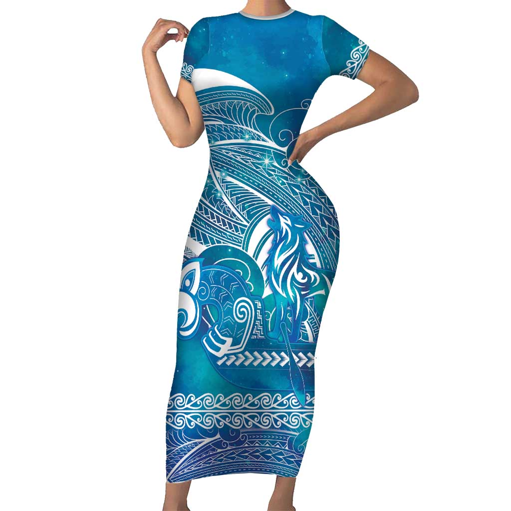 Kuri Dog Waka New Zealand Matariki Short Sleeve Bodycon Dress Ocean Sharks Maori Tattoo LT14 Long Dress Blue - Polynesian Pride