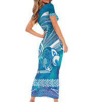 Kuri Dog Waka New Zealand Matariki Short Sleeve Bodycon Dress Ocean Sharks Maori Tattoo LT14 - Polynesian Pride