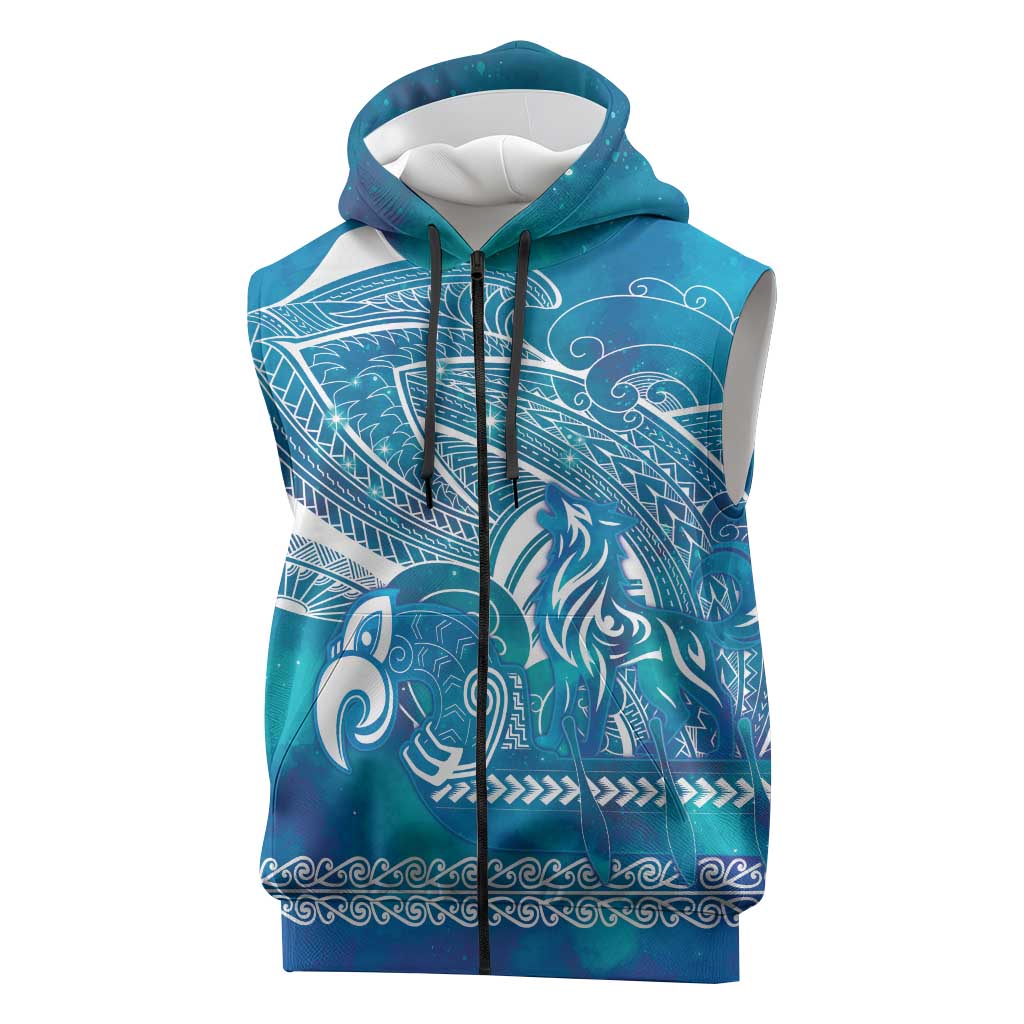 Kuri Dog Waka New Zealand Matariki Sleeveless Zip Hoodie Ocean Sharks Maori Tattoo LT14 Blue - Polynesian Pride