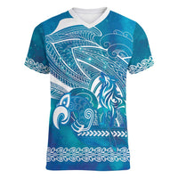 Kuri Dog Waka New Zealand Matariki Women V-Neck T-Shirt Ocean Sharks Maori Tattoo LT14 Female Blue - Polynesian Pride
