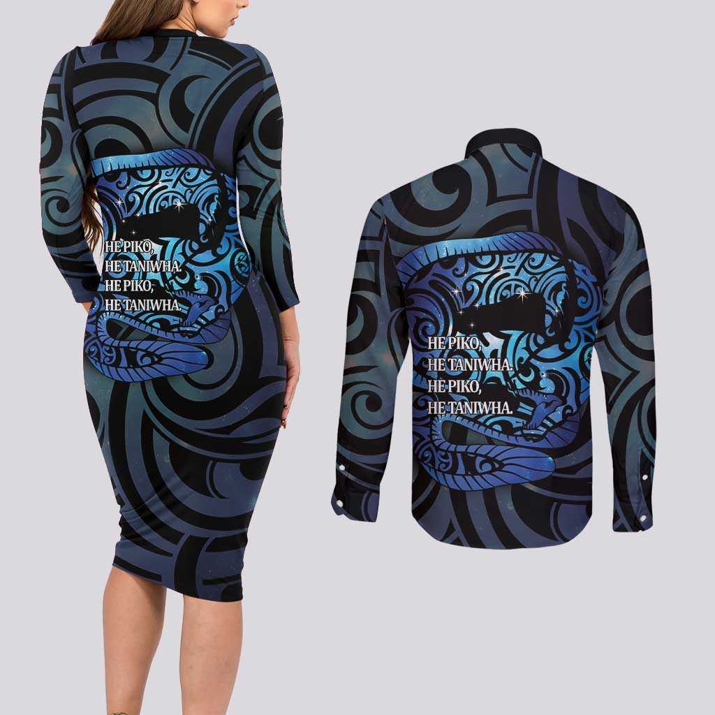 Tuna Eel New Zealand Matariki Couples Matching Long Sleeve Bodycon Dress and Long Sleeve Button Shirt He Piko He Taniwha Maori Pattern LT14 - Polynesian Pride