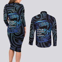 Tuna Eel New Zealand Matariki Couples Matching Long Sleeve Bodycon Dress and Long Sleeve Button Shirt He Piko He Taniwha Maori Pattern LT14 - Polynesian Pride