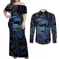 Tuna Eel New Zealand Matariki Couples Matching Off Shoulder Maxi Dress and Long Sleeve Button Shirt He Piko He Taniwha Maori Pattern LT14 Purple - Polynesian Pride