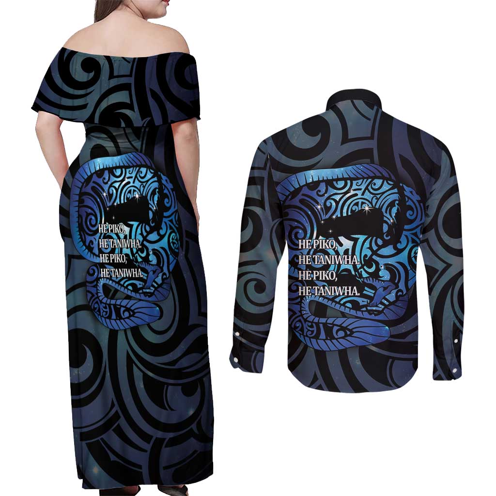Tuna Eel New Zealand Matariki Couples Matching Off Shoulder Maxi Dress and Long Sleeve Button Shirt He Piko He Taniwha Maori Pattern LT14 - Polynesian Pride
