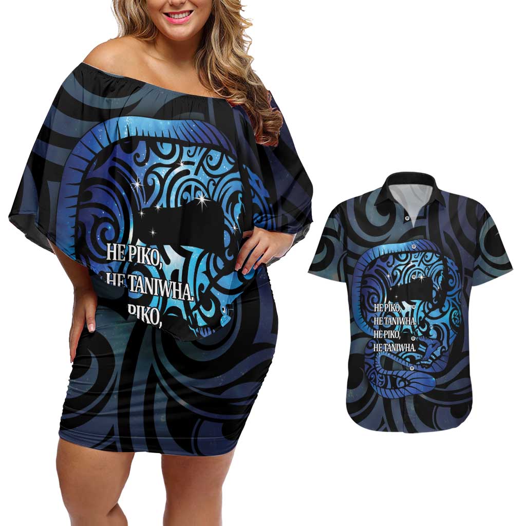 Tuna Eel New Zealand Matariki Couples Matching Off Shoulder Short Dress and Hawaiian Shirt He Piko He Taniwha Maori Pattern LT14 Purple - Polynesian Pride
