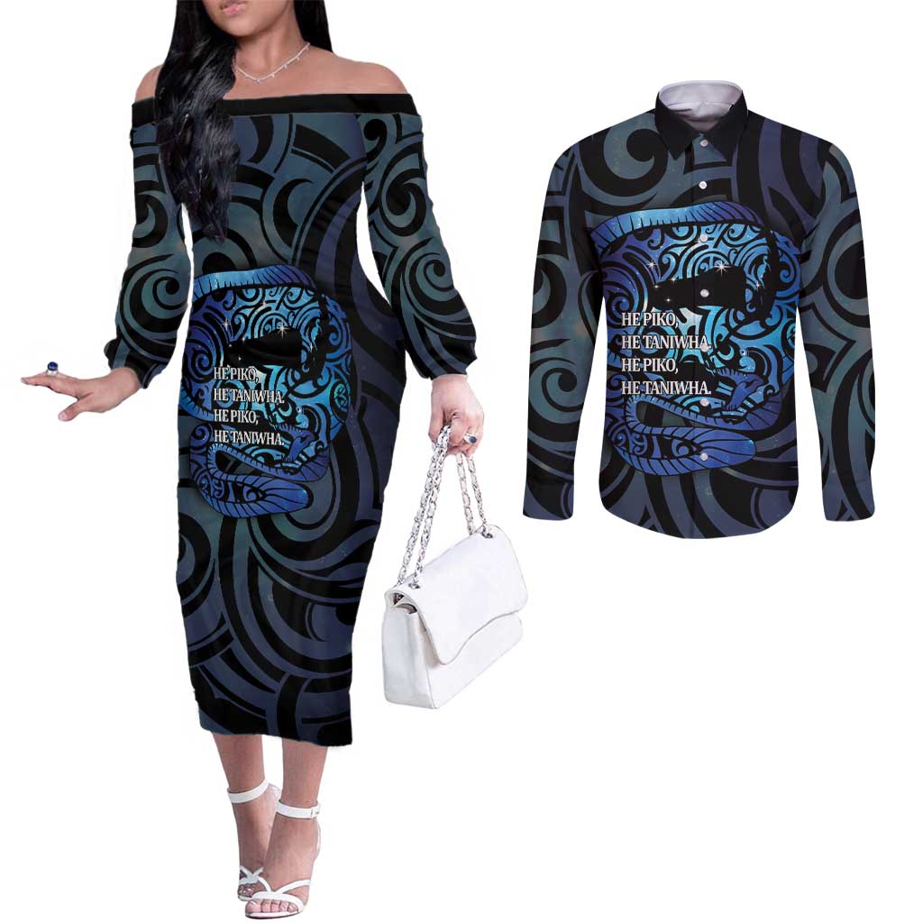 Tuna Eel New Zealand Matariki Couples Matching Off The Shoulder Long Sleeve Dress and Long Sleeve Button Shirt He Piko He Taniwha Maori Pattern LT14 Purple - Polynesian Pride