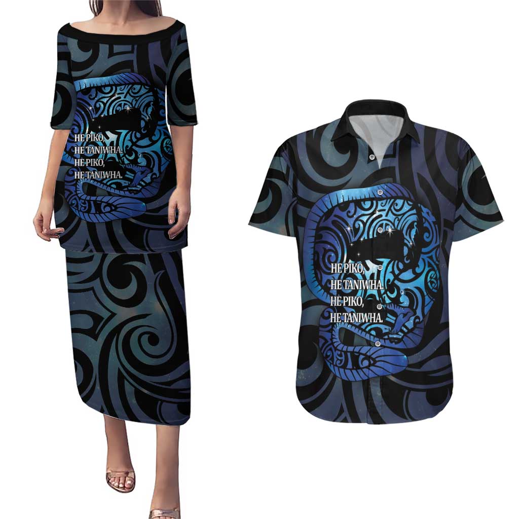 Tuna Eel New Zealand Matariki Couples Matching Puletasi and Hawaiian Shirt He Piko He Taniwha Maori Pattern LT14 Purple - Polynesian Pride
