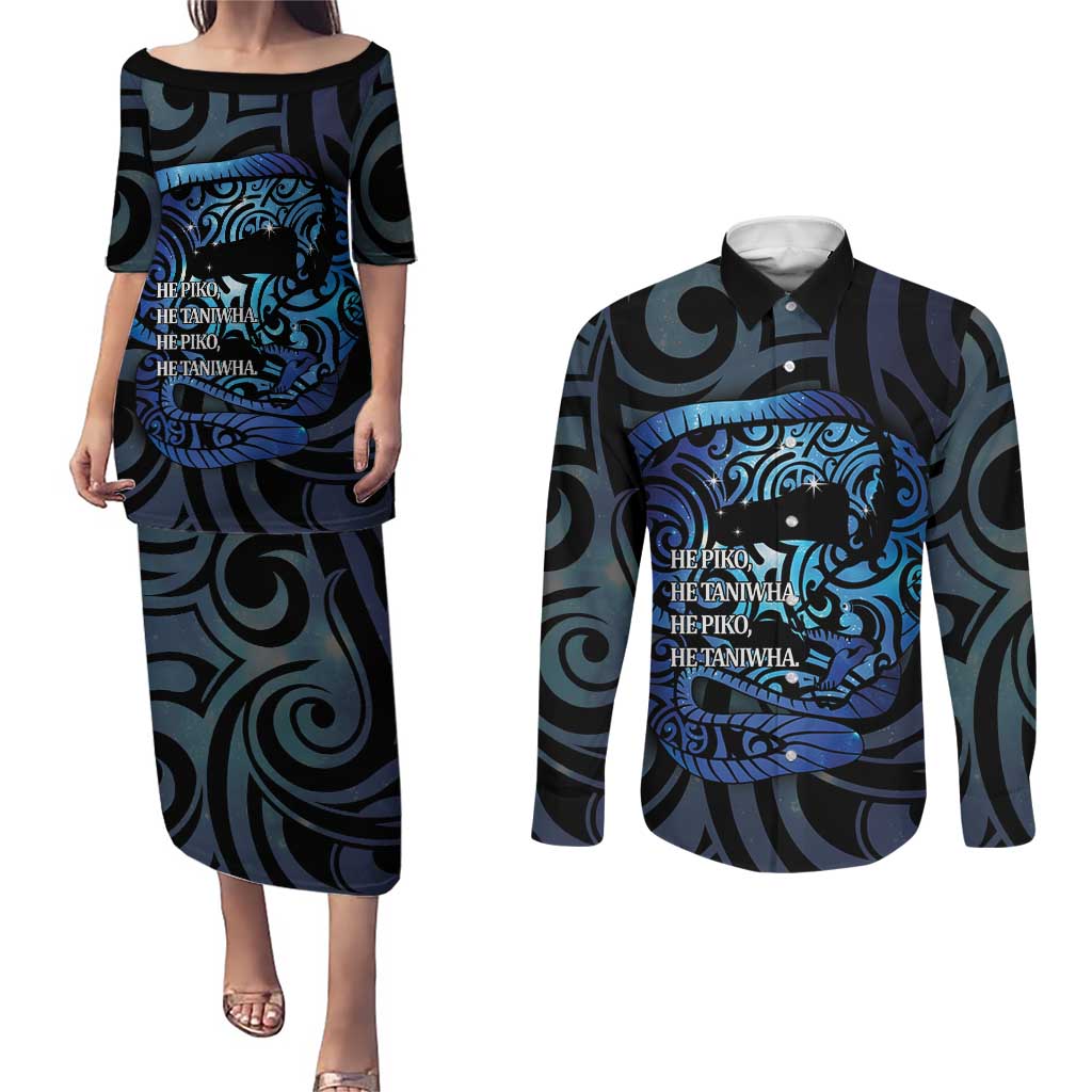 Tuna Eel New Zealand Matariki Couples Matching Puletasi and Long Sleeve Button Shirt He Piko He Taniwha Maori Pattern