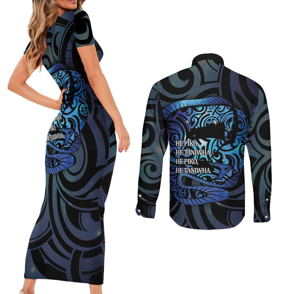 Tuna Eel New Zealand Matariki Couples Matching Short Sleeve Bodycon Dress and Long Sleeve Button Shirt He Piko He Taniwha Maori Pattern LT14 - Polynesian Pride