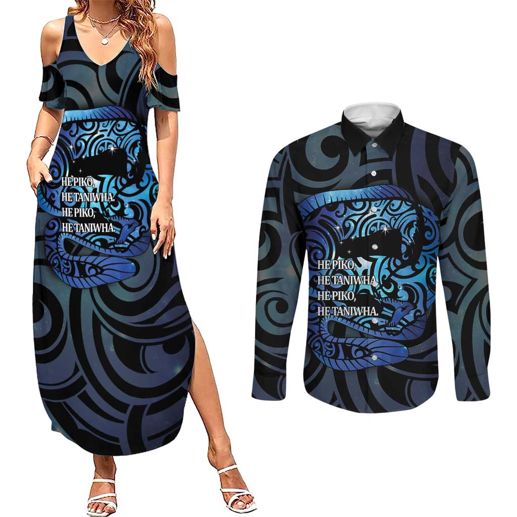 Tuna Eel New Zealand Matariki Couples Matching Summer Maxi Dress and Long Sleeve Button Shirt He Piko He Taniwha Maori Pattern LT14 Purple - Polynesian Pride