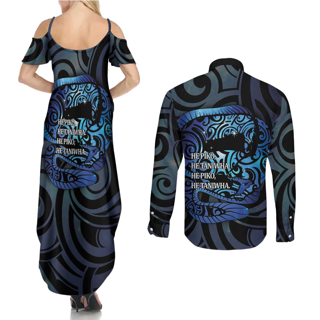 Tuna Eel New Zealand Matariki Couples Matching Summer Maxi Dress and Long Sleeve Button Shirt He Piko He Taniwha Maori Pattern LT14 - Polynesian Pride