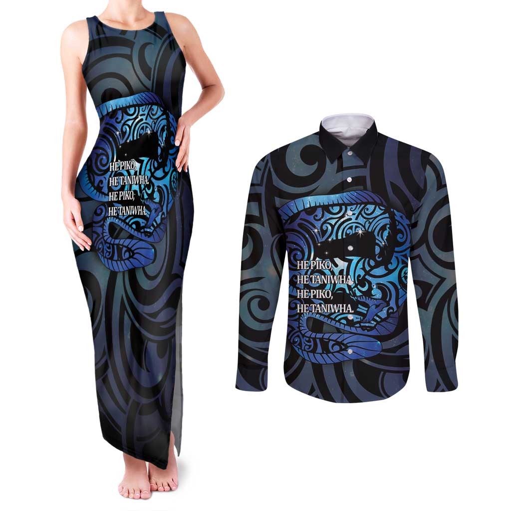 Tuna Eel New Zealand Matariki Couples Matching Tank Maxi Dress and Long Sleeve Button Shirt He Piko He Taniwha Maori Pattern