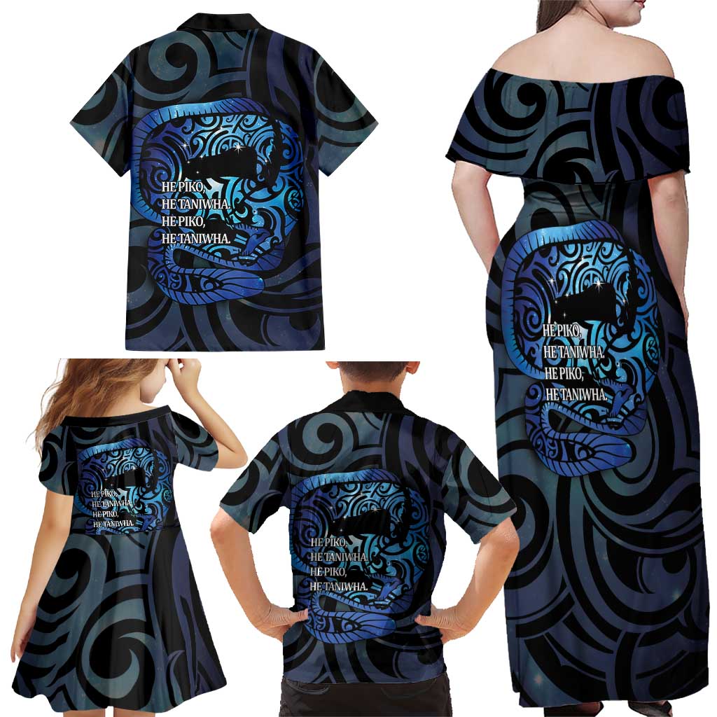Tuna Eel New Zealand Matariki Family Matching Off Shoulder Maxi Dress and Hawaiian Shirt He Piko He Taniwha Maori Pattern LT14 - Polynesian Pride