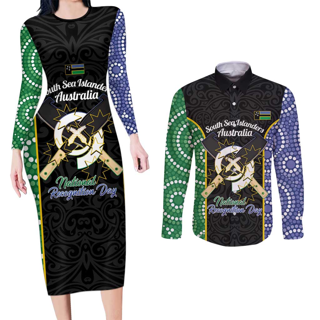 Personalised South Sea Islanders National Recognition Day Couples Matching Long Sleeve Bodycon Dress and Long Sleeve Button Shirt Australia Aboriginal Vanuatu Pig Tusk LT14 Black - Polynesian Pride