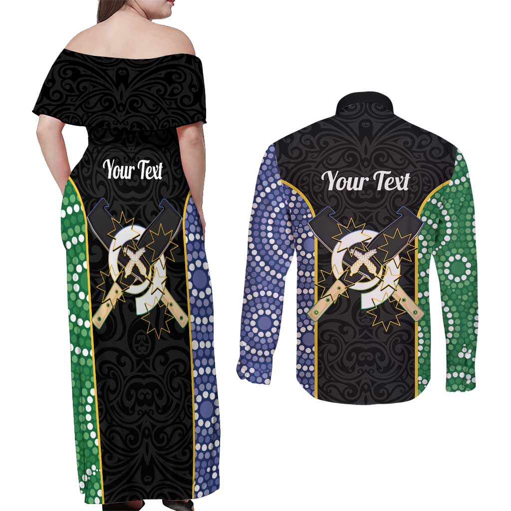 Personalised South Sea Islanders National Recognition Day Couples Matching Off Shoulder Maxi Dress and Long Sleeve Button Shirt Australia Aboriginal Vanuatu Pig Tusk LT14 - Polynesian Pride