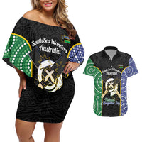 Personalised South Sea Islanders National Recognition Day Couples Matching Off Shoulder Short Dress and Hawaiian Shirt Australia Aboriginal Vanuatu Pig Tusk LT14 Black - Polynesian Pride