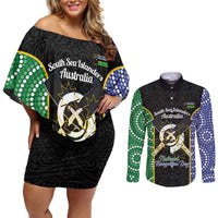 Personalised South Sea Islanders National Recognition Day Couples Matching Off Shoulder Short Dress and Long Sleeve Button Shirt Australia Aboriginal Vanuatu Pig Tusk LT14 Black - Polynesian Pride