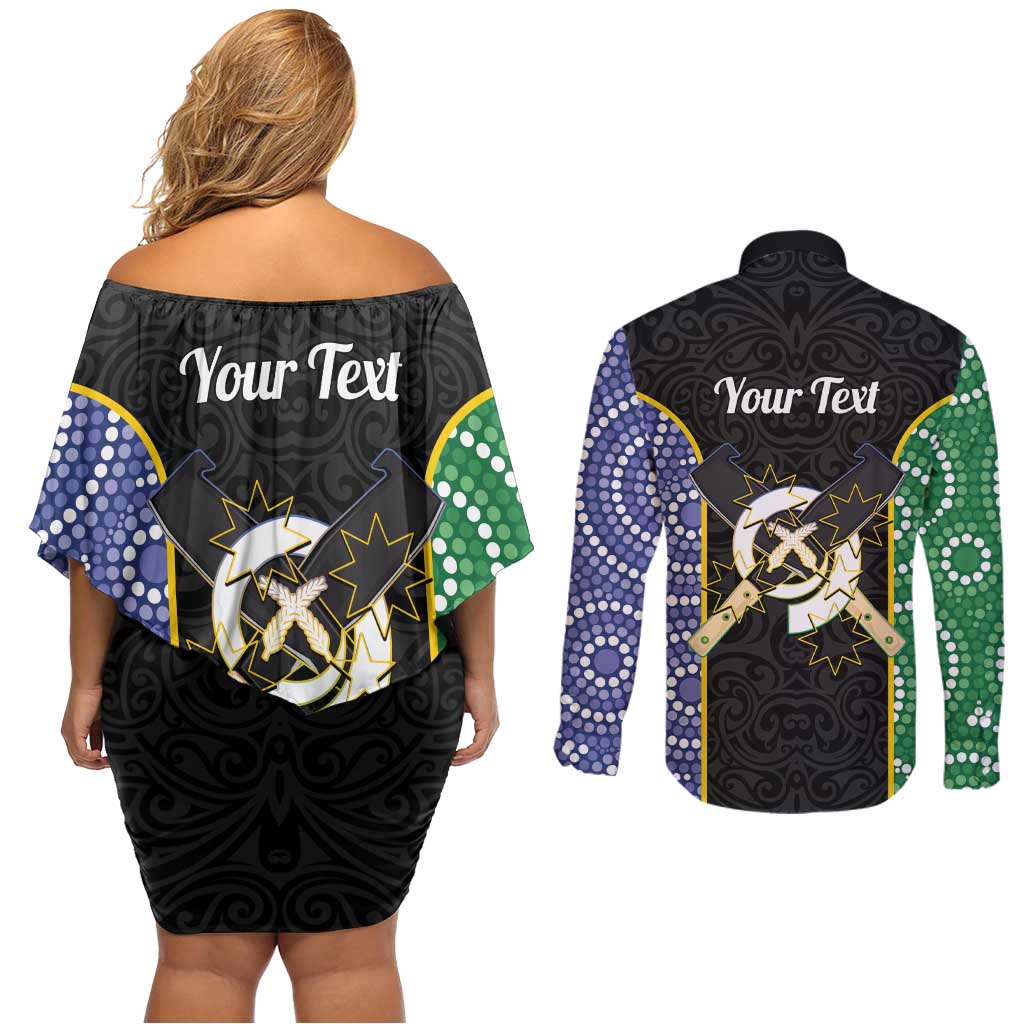 Personalised South Sea Islanders National Recognition Day Couples Matching Off Shoulder Short Dress and Long Sleeve Button Shirt Australia Aboriginal Vanuatu Pig Tusk LT14 - Polynesian Pride