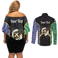 Personalised South Sea Islanders National Recognition Day Couples Matching Off Shoulder Short Dress and Long Sleeve Button Shirt Australia Aboriginal Vanuatu Pig Tusk LT14 - Polynesian Pride