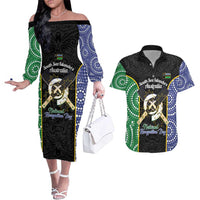 Personalised South Sea Islanders National Recognition Day Couples Matching Off The Shoulder Long Sleeve Dress and Hawaiian Shirt Australia Aboriginal Vanuatu Pig Tusk LT14 Black - Polynesian Pride