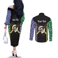 Personalised South Sea Islanders National Recognition Day Couples Matching Off The Shoulder Long Sleeve Dress and Long Sleeve Button Shirt Australia Aboriginal Vanuatu Pig Tusk LT14 - Polynesian Pride