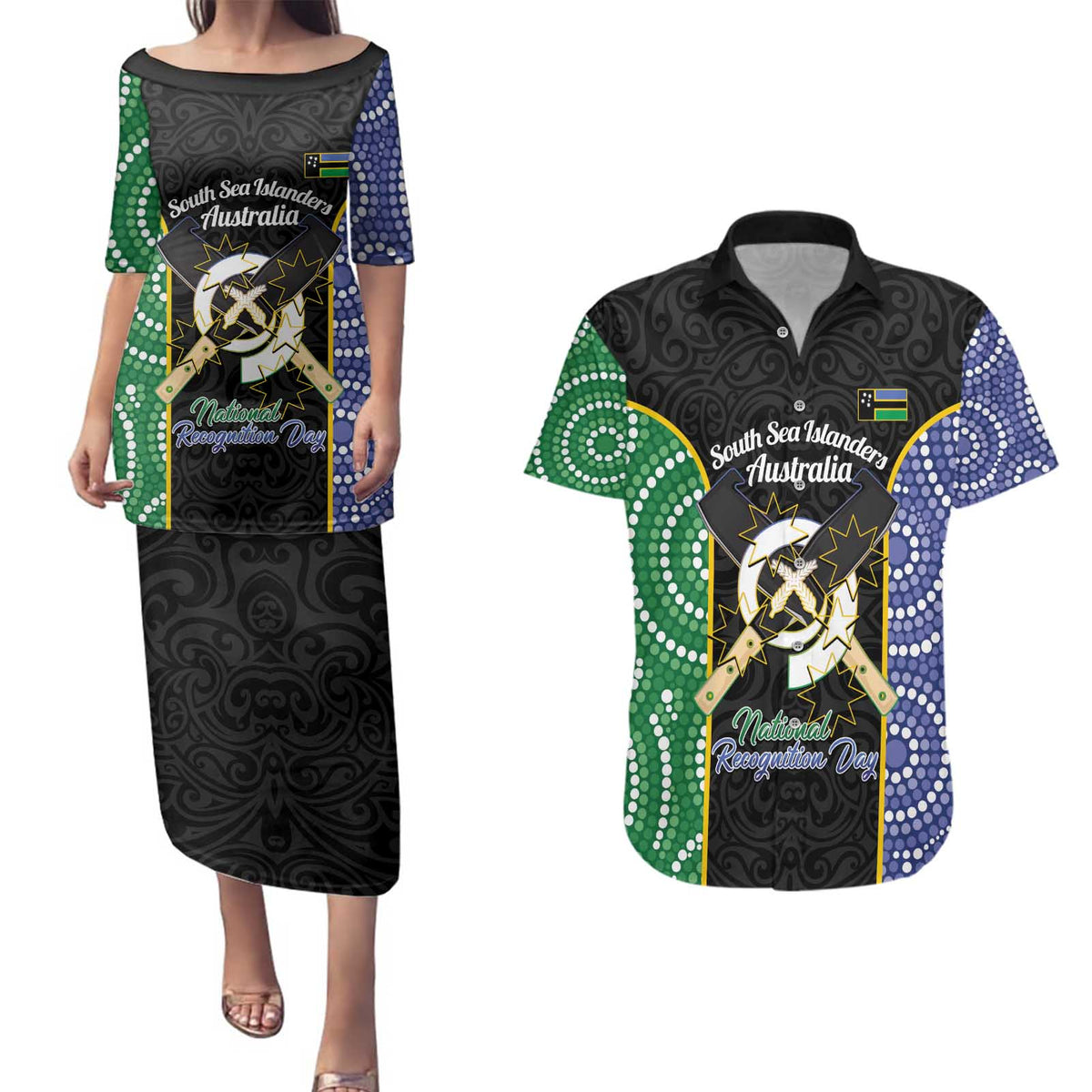 Personalised South Sea Islanders National Recognition Day Couples Matching Puletasi and Hawaiian Shirt Australia Aboriginal Vanuatu Pig Tusk LT14 Black - Polynesian Pride