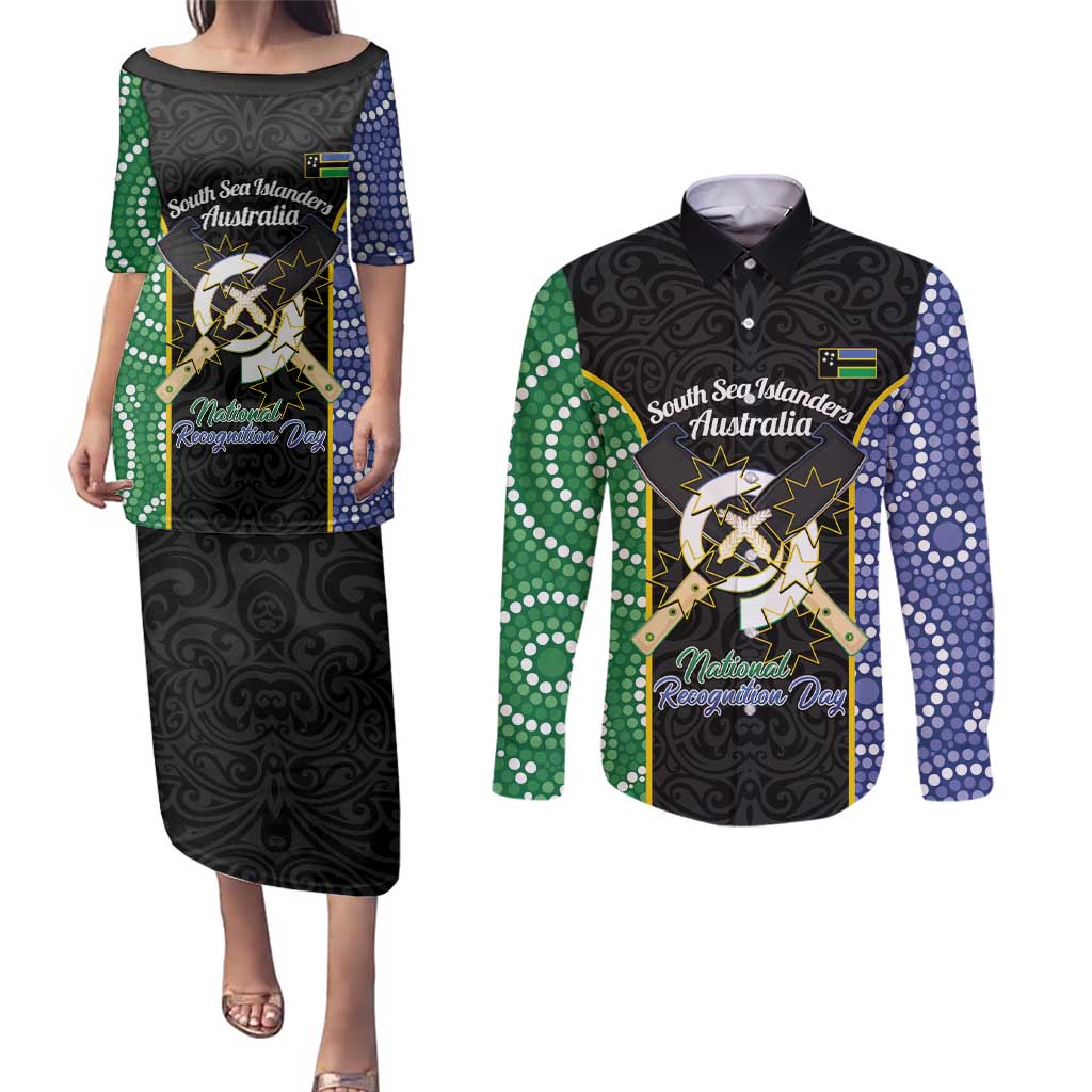 Personalised South Sea Islanders National Recognition Day Couples Matching Puletasi and Long Sleeve Button Shirt Australia Aboriginal Vanuatu Pig Tusk