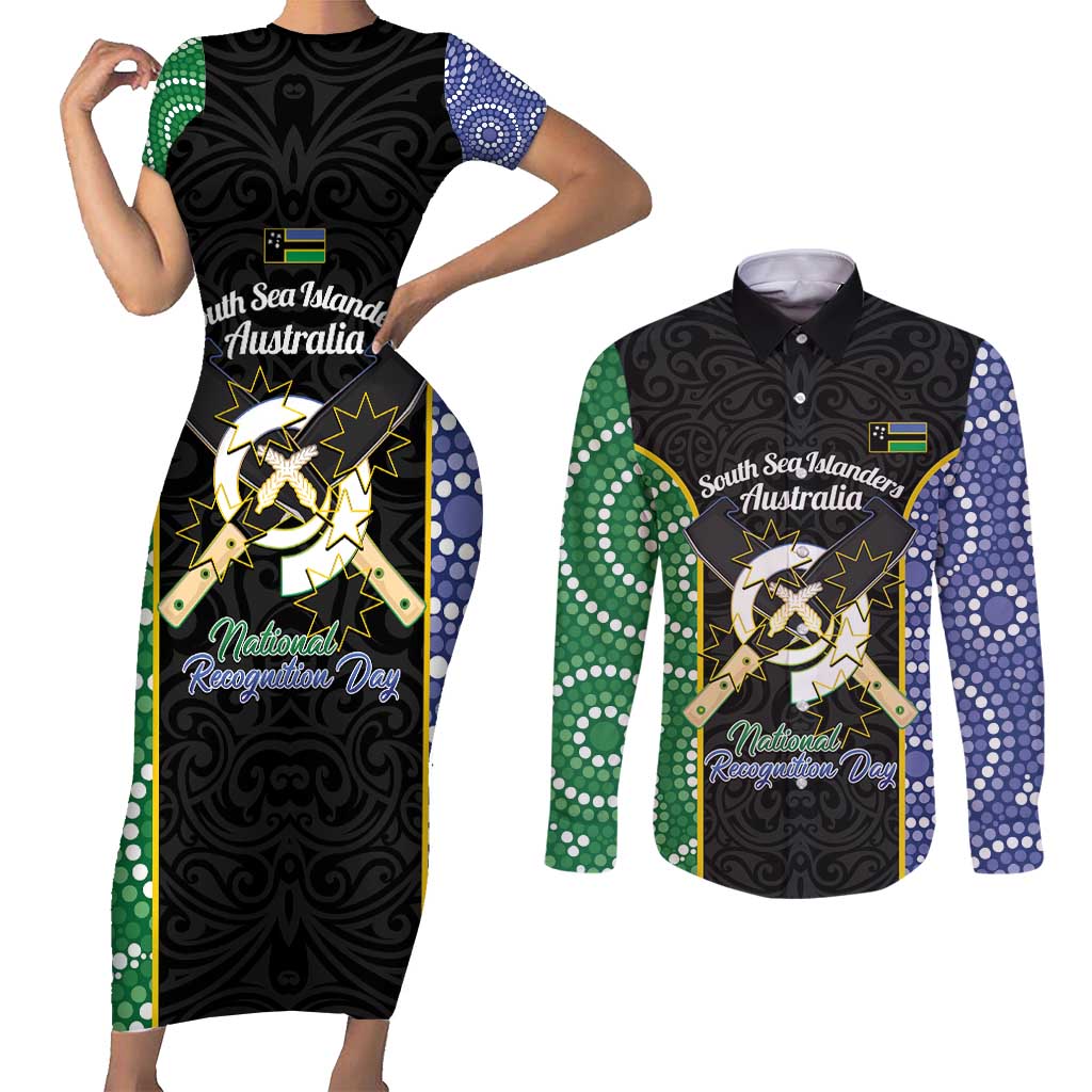 Personalised South Sea Islanders National Recognition Day Couples Matching Short Sleeve Bodycon Dress and Long Sleeve Button Shirt Australia Aboriginal Vanuatu Pig Tusk LT14 Black - Polynesian Pride