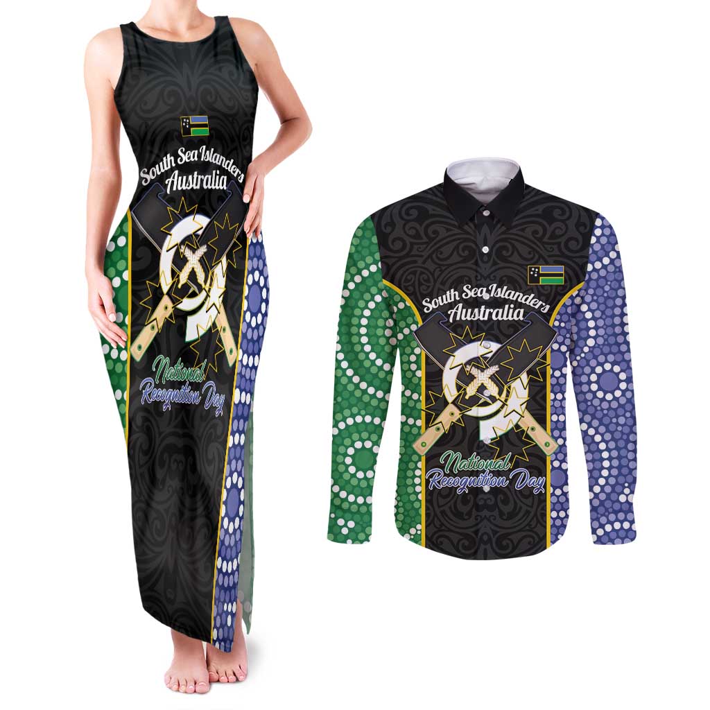 Personalised South Sea Islanders National Recognition Day Couples Matching Tank Maxi Dress and Long Sleeve Button Shirt Australia Aboriginal Vanuatu Pig Tusk LT14 Black - Polynesian Pride