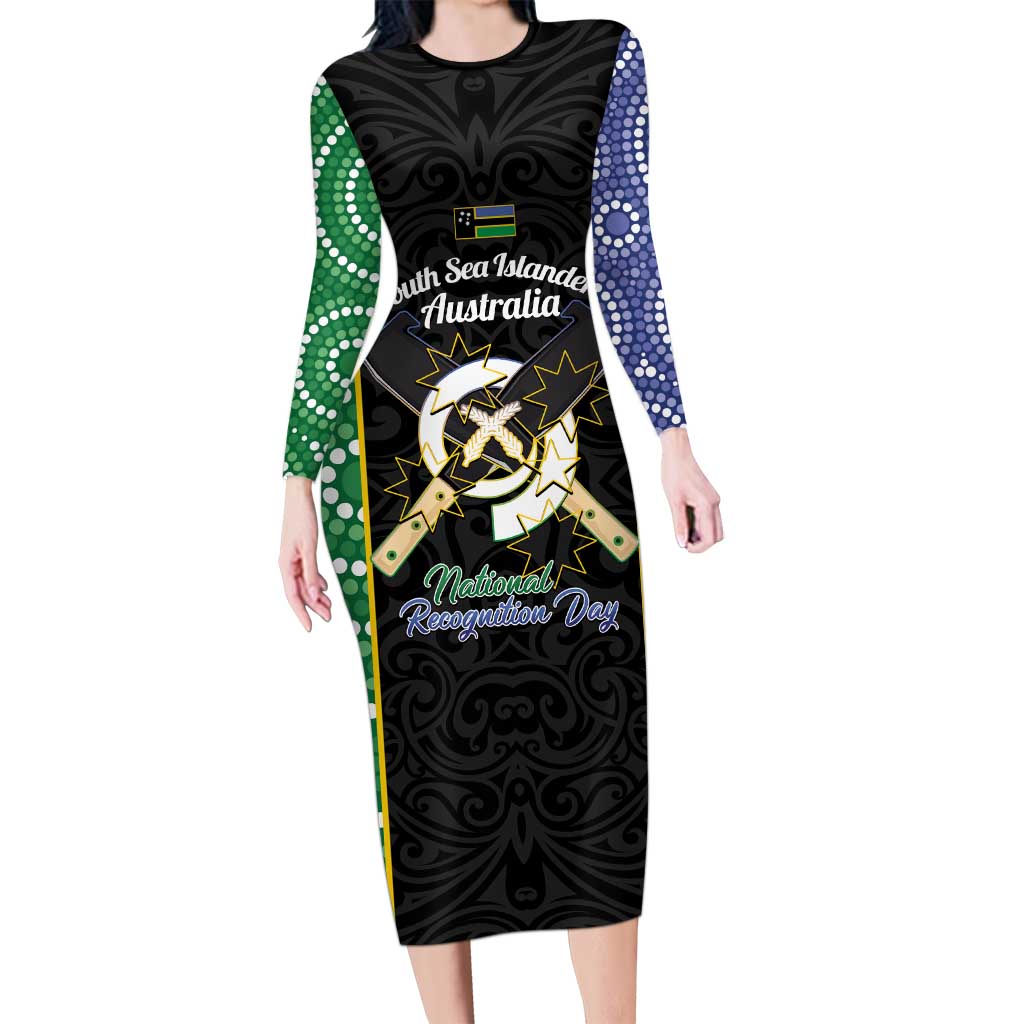 Personalised South Sea Islanders National Recognition Day Family Matching Long Sleeve Bodycon Dress and Hawaiian Shirt Australia Aboriginal Vanuatu Pig Tusk LT14 Mom's Dress Black - Polynesian Pride