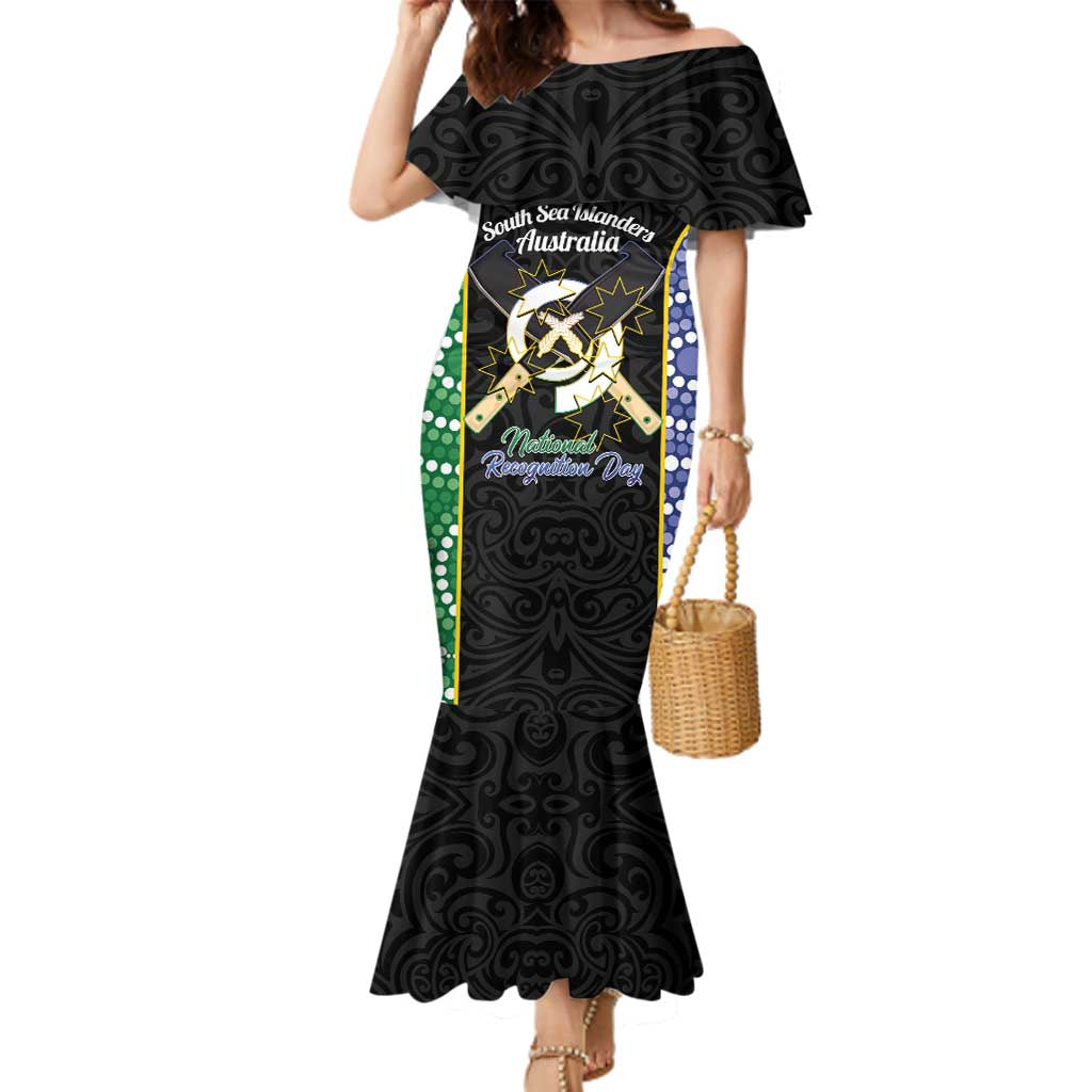 Personalised South Sea Islanders National Recognition Day Family Matching Mermaid Dress and Hawaiian Shirt Australia Aboriginal Vanuatu Pig Tusk LT14 Mom's Dress Black - Polynesian Pride