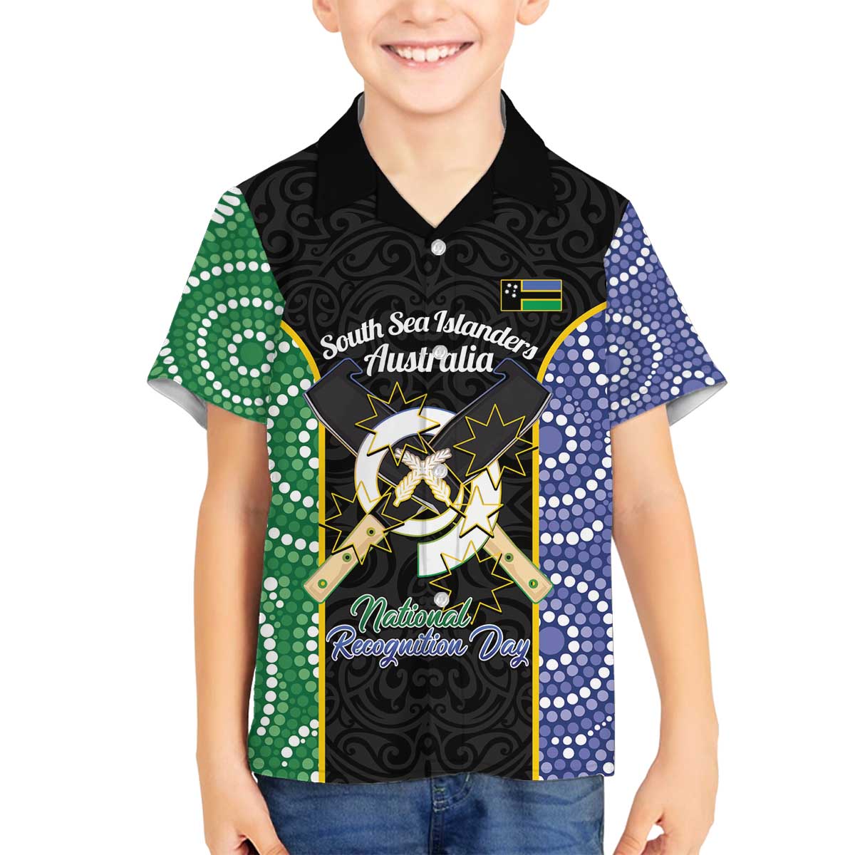 Personalised South Sea Islanders National Recognition Day Family Matching Off The Shoulder Long Sleeve Dress and Hawaiian Shirt Australia Aboriginal Vanuatu Pig Tusk LT14 Son's Shirt Black - Polynesian Pride
