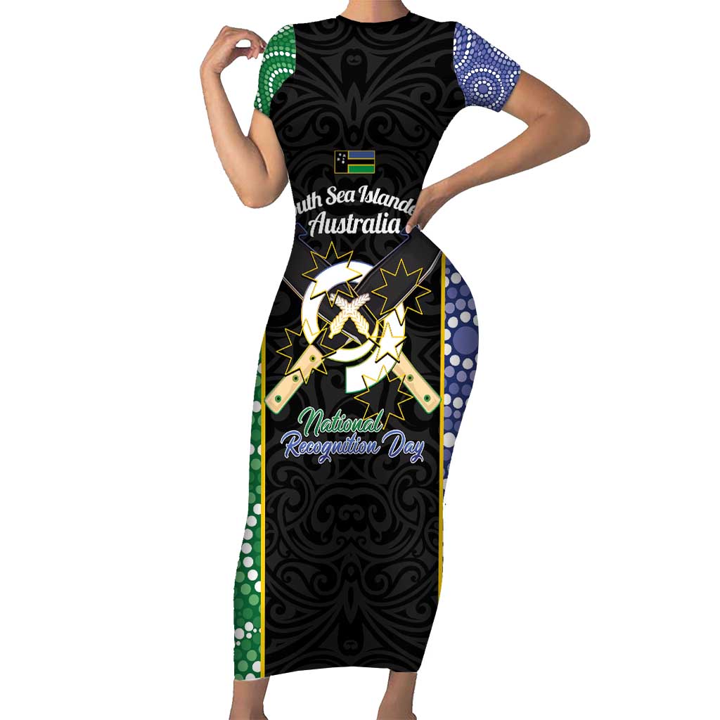 Personalised South Sea Islanders National Recognition Day Family Matching Short Sleeve Bodycon Dress and Hawaiian Shirt Australia Aboriginal Vanuatu Pig Tusk LT14 Mom's Dress Black - Polynesian Pride