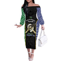 Personalised South Sea Islanders National Recognition Day Off The Shoulder Long Sleeve Dress Australia Aboriginal Vanuatu Pig Tusk LT14 Women Black - Polynesian Pride