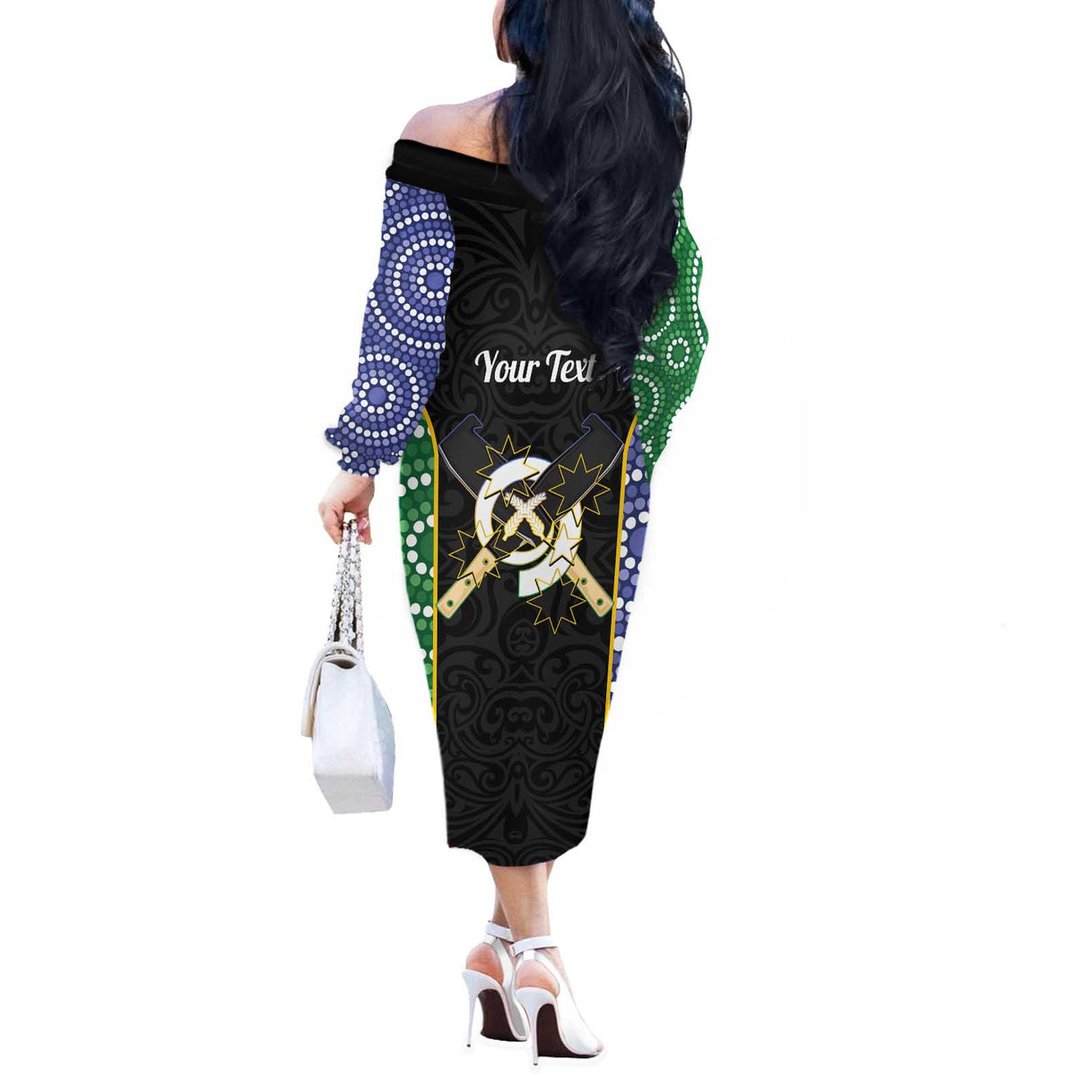 Personalised South Sea Islanders National Recognition Day Off The Shoulder Long Sleeve Dress Australia Aboriginal Vanuatu Pig Tusk LT14 - Polynesian Pride