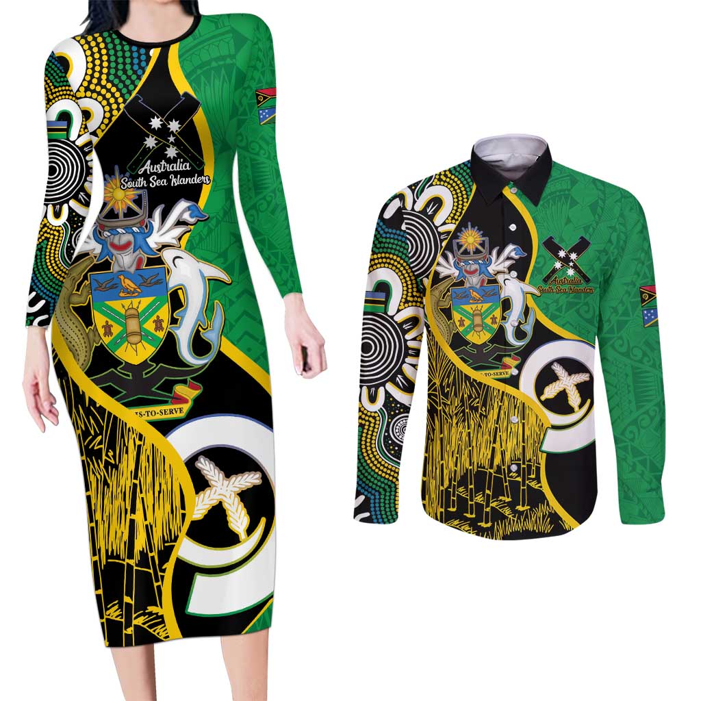 Australian South Sea Islanders National Recognition Day Couples Matching Long Sleeve Bodycon Dress and Long Sleeve Button Shirt Solomon Islands And Vanuatu Culture LT14 Black - Polynesian Pride