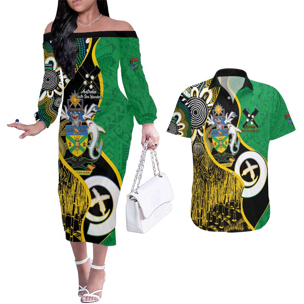 Australian South Sea Islanders National Recognition Day Couples Matching Off The Shoulder Long Sleeve Dress and Hawaiian Shirt Solomon Islands And Vanuatu Culture LT14 Black - Polynesian Pride