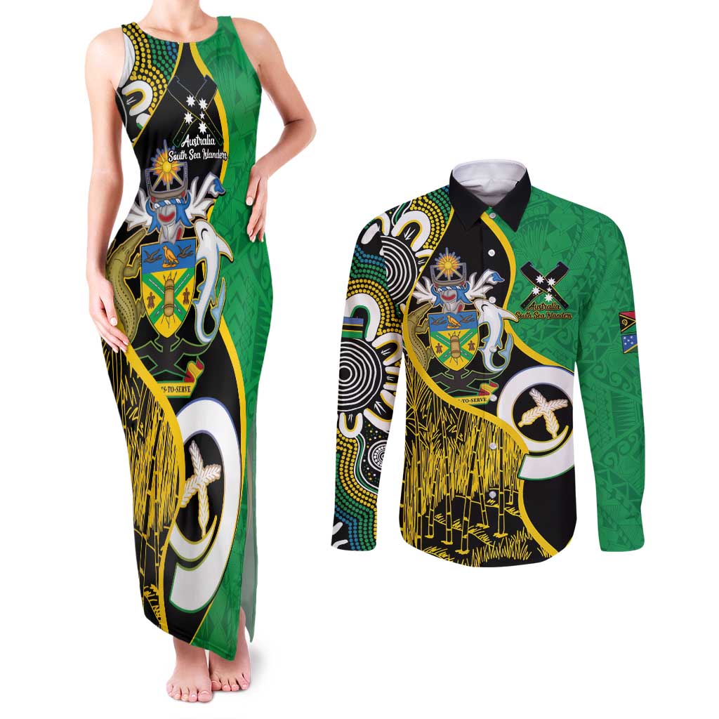 Australian South Sea Islanders National Recognition Day Couples Matching Tank Maxi Dress and Long Sleeve Button Shirt Solomon Islands And Vanuatu Culture LT14 Black - Polynesian Pride