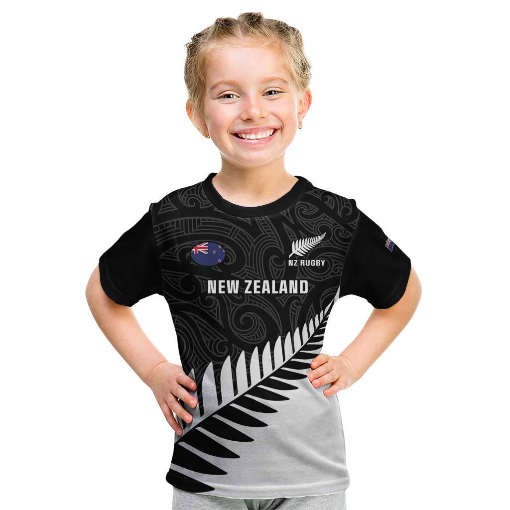 New Zealand Silver Fern Rugby Kid T Shirt All Black Go Champions Maori Pattern LT14