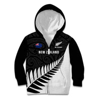 Personalised New Zealand Silver Fern Rugby Kid Hoodie All Black Go Champions Maori Pattern LT14 Zip Hoodie Black - Polynesian Pride