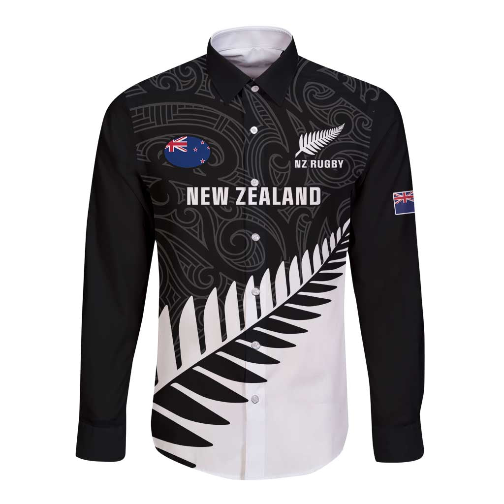 Personalised New Zealand Silver Fern Rugby Long Sleeve Button Shirt All Black Go Champions Maori Pattern LT14 Unisex Black - Polynesian Pride
