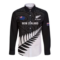 Personalised New Zealand Silver Fern Rugby Long Sleeve Button Shirt All Black Go Champions Maori Pattern LT14 Unisex Black - Polynesian Pride