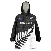 Personalised New Zealand Silver Fern Rugby Wearable Blanket Hoodie All Black Go Champions Maori Pattern LT14 One Size Black - Polynesian Pride