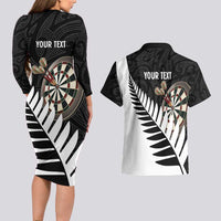 Personalised New Zealand Darts Couples Matching Long Sleeve Bodycon Dress and Hawaiian Shirt Silver Fern Aotearoa Maori Pattern LT14 - Polynesian Pride