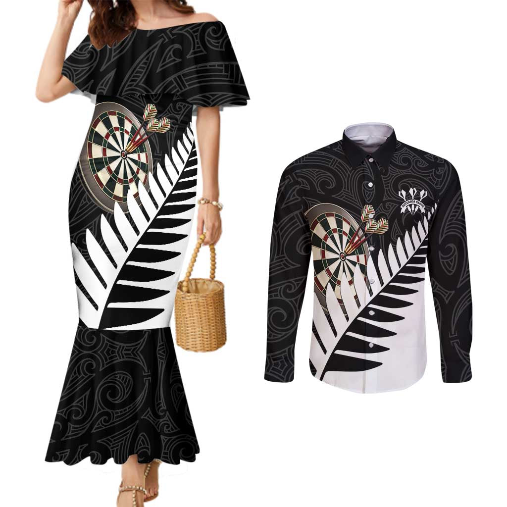 Personalised New Zealand Darts Couples Matching Mermaid Dress and Long Sleeve Button Shirt Silver Fern Aotearoa Maori Pattern LT14 Black - Polynesian Pride