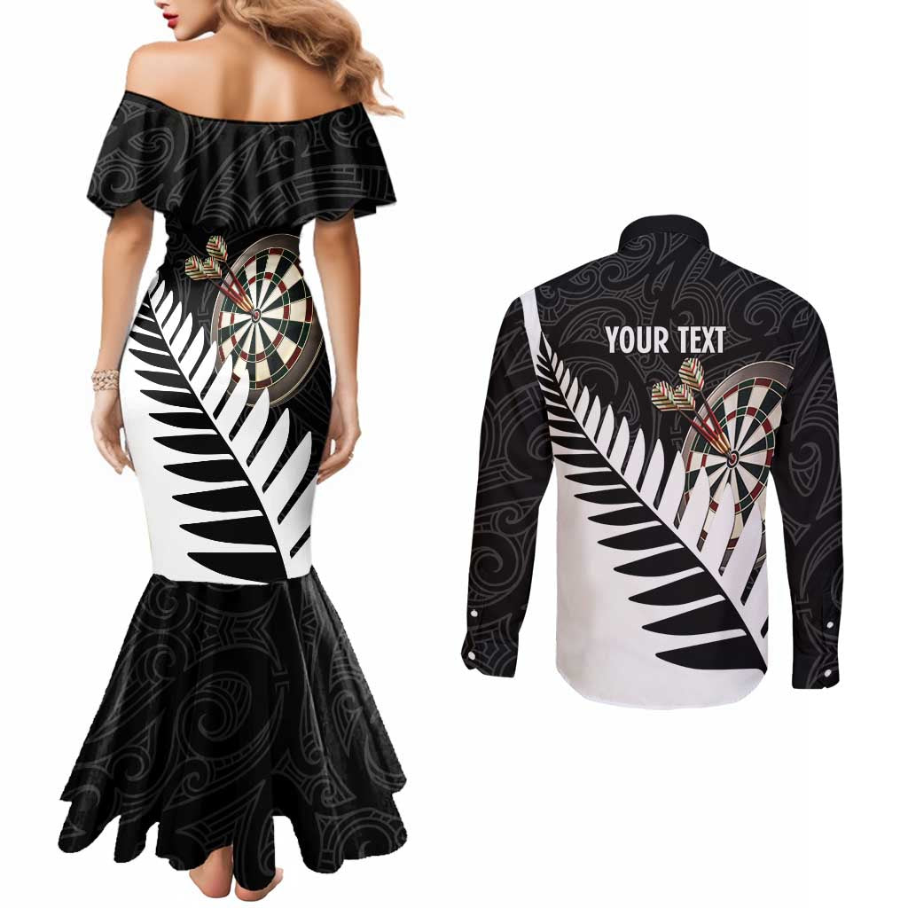 Personalised New Zealand Darts Couples Matching Mermaid Dress and Long Sleeve Button Shirt Silver Fern Aotearoa Maori Pattern LT14 - Polynesian Pride