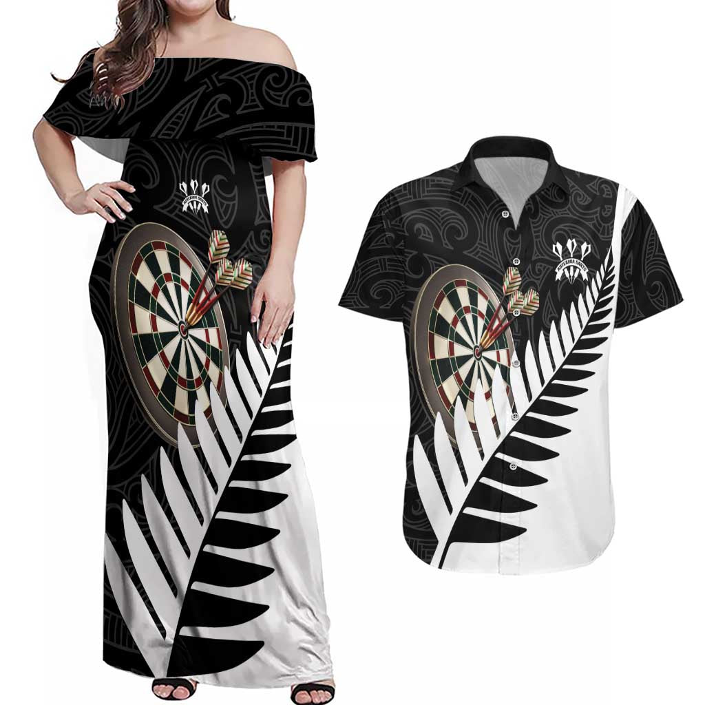Personalised New Zealand Darts Couples Matching Off Shoulder Maxi Dress and Hawaiian Shirt Silver Fern Aotearoa Maori Pattern LT14 Black - Polynesian Pride