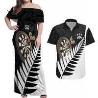 Personalised New Zealand Darts Couples Matching Off Shoulder Maxi Dress and Hawaiian Shirt Silver Fern Aotearoa Maori Pattern LT14 Black - Polynesian Pride